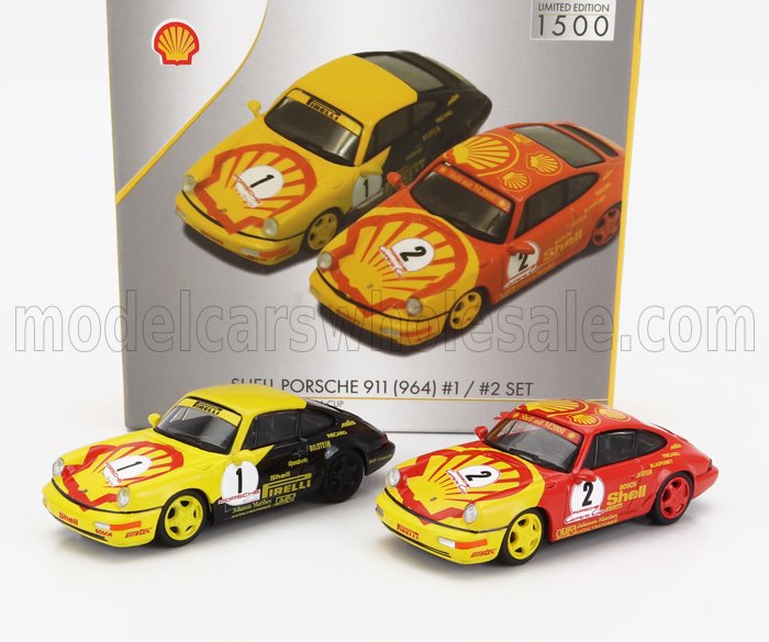PORSCHE SET 2X 911 964 #1 CARRERA CUP SHELL PIRELLI 1991 W.KAUFMANN + N 2 CARRERA CUP SHELL TROPHY (1991), YELLOW RED BLACK (ДЛИНА МОДЕЛИ 6-10 СМ)