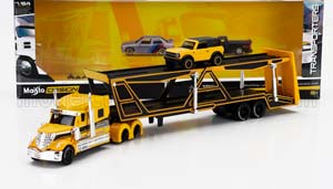 INTERNATIONAL LONESTAR TRUCK CAR TRANSPORTER WITH FORD BRONCO WILDTRUCK 2021, YELLOW BLACK (ДЛИНА ПРИМЕРНО 25 СМ)