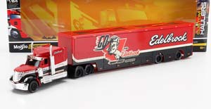 INTERNATIONAL TRUCK CAR TRANSPORTER EDELBROCK 2021, RED BLACK (ДЛИНА ПРИМЕРНО 25 СМ)