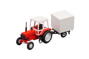 TRACTOR MTZ-82 WHITH TRAILER (USSR RUSSIA) RED/WHITE | ТРАКТОР МТЗ-82 С ПРИЦЕПОМ БУДКА БЕЛЫЙ/КРАСНЫЙ (МЕТАЛЛ)