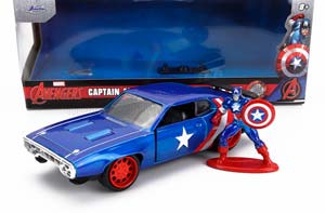 PLYMOUTH GTX WITH CAPTAIN AMERICA FIGURE 1972, BLUE RED WHITE