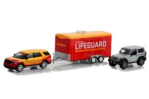 FORD EXPLORER EMERALD BAY BEACH PATROL LIFEGUARD 2016 С ПРИЦЕПОМ И JEEP WRANGLER RUBICON 2013 (ИЗ Т/С СПАСАТЕЛИ МАЛИБУ) НАБОР (ДЛИНА 15-20 СМ)