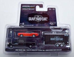 DODGE RAM 2500, PLYMOUTH CUDA 340 AND ENCLOSED CAR TRAILER (ДЛИНА МОДЕЛИ 6-10 СМ)