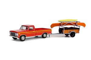 FORD F-150 RANGER EXPLORER С ПРИЦЕПОМ ДЛЯ КАНОЕ И КАЯКОМ 1978 MAROON WITH ORANGE EXPLORER STRIPES (ДЛИНА ПРИМЕРНО 15 СМ)