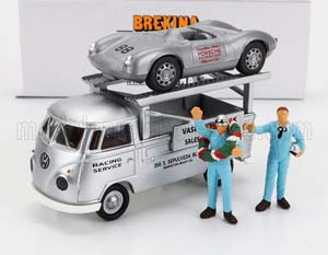 VW VOLKSWAGEN T1 TRUCK CAR TRANSPORTER VASEK POLAK RACING SERVICE + PORSCHE 550 RS SPIDER №88 RACING WITH FIGURES 1956, SILVER (ДЛИНА МОДЕЛИ 3-5 СМ)