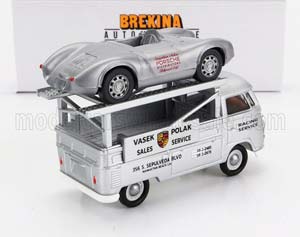 VW VOLKSWAGEN T1 TRUCK CAR TRANSPORTER VASEK POLAK RACING SERVICE + PORSCHE 550 RS SPIDER №88 RACING WITH FIGURES 1956, SILVER (ДЛИНА МОДЕЛИ 3-5 СМ) — фото 2