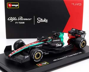 ALFA ROMEO F1 C43 TEAM STAKE N77 MONZA ITALY GP 2023 VALTTERI BOTTAS - WITH PILOT AND SHOWCASE, BLACK RED WHITE GREEN
