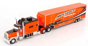 PETERBILT 379 WITH CAR CARRIER TRAILER ORANGE BLACK WHITE