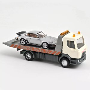 RENAULT CARRO ATTREZZI TRUCK CAR TRANSPORTER WITH PORSCHE 911 930 3.0 TURBO COUPE 1987, WHITE SILVER