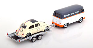VW BUS T1 WITH TRAILER AND BEETLE LOWRIDER AIRCOOLED WHITE GREY ORANGE (ДЛИНА МОДЕЛИ 6-10 СМ) — фото 2