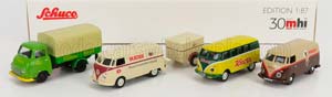 VW VOLKSWAGEN SET 4X PUBLICITAIRE T1 MINIBUS KNORR - T1 VAN MAGGI - T1 VAN WITH TRAILER DR.OETKER - HANOMAG TRUCK KUHNE, VARIOUS (ДЛИНА МОДЕЛИ 3-5 СМ)