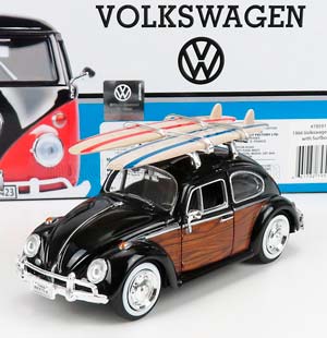 VW VOLKSWAGEN BEETLE WITH SURFBOARD 1968, BLACK WOOD