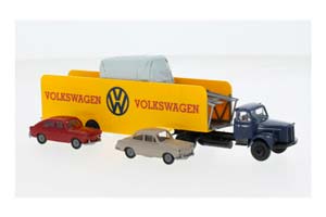 SCANIA L 111 С ПОЛУПРИЦЕПОМ-АВТОВОЗОМ VOLKSWAGEN 1962 СИНИЙ С ЖЕЛТЫМ (ДЛИНА МОДЕЛИ 3-5 СМ) — фото 1