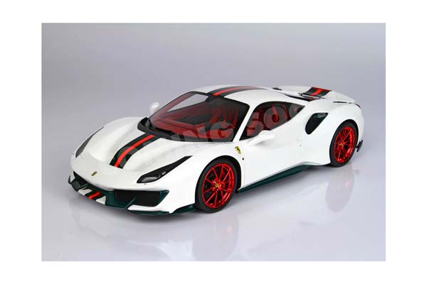 FERRARI 488 PISTA - METAL DIECAST - FULL OPEN BIANCO ITALIA METALLIZZATO WITH STRIPE GREEN/RED - LUXURY PACK - BASE AND CASE INCLUDED / ФЕРРАРИ 488 ПИСТА 1:18 КРАСНЫЙ — фото 1