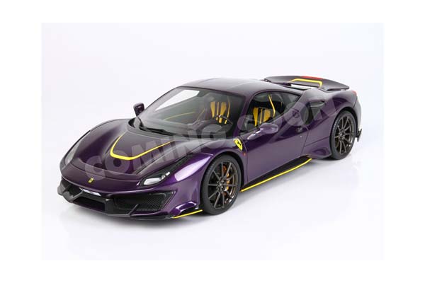 FERRARI 488 PISTA - METAL DIECAST - FULL OPEN VIOLET HONG KONG WITH YELLOW ACCENTS - LUXURY PACK - BASE AND CASE INCLUDED / ФЕРРАРИ 488 ПИСТА 1:18 ЖЕЛТЫЙ — фото 1