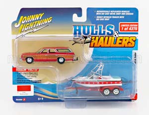 CHEVROLET CAPRICE WITH TRAILER AND BOAT 1973, RED WOOD (ДЛИНА МОДЕЛИ 6-10 СМ)