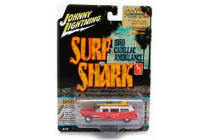 CADILLAC ELDORADO AMBULANCE WITH SHARK GRAPHICS AN SURFBOARDS (1959), RUSTY RED WHITE (ДЛИНА МОДЕЛИ 6-10 СМ)