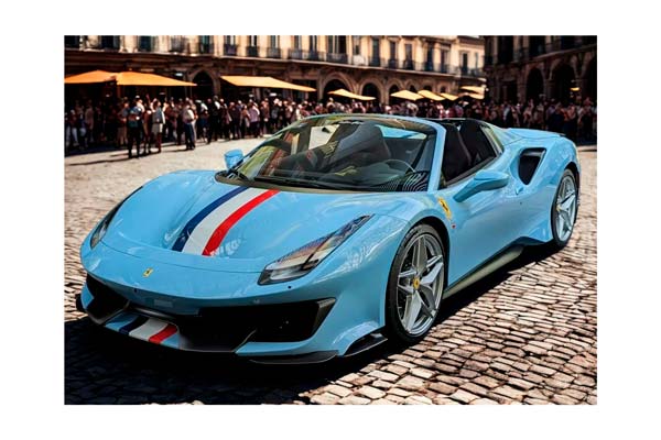 FERRARI 488 PISTA SPIDER AZZURRO LA PLATA WITH WHITE FRENCH STRIPE / ФЕРРАРИ 488 ПИСТА СПАЙДЕР ЛА ПЛАТА ФРЕНКХ ПОЛОСА 1:18 БЕЛЫЙ