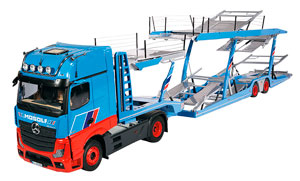 MERCEDES ACTROS GIGASPACE SET WITH LOHR CAR TRANSPORTER SEMI-TRAILER BLUE RED BLACK