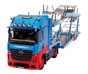 MERCEDES ACTROS GIGASPACE SET WITH LOHR CAR TRANSPORTER SEMI-TRAILER BLUE RED BLACK — фото 2