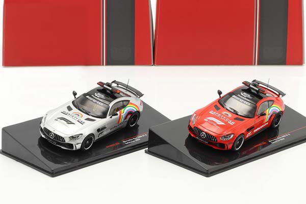 2-CAR SET: MERCEDES-BENZ AMG GT-R SAFETY CAR FORMULA 1 2020 / НАБОР ИЗ 2 МОДЕЛЕЙ МЕРСЕДЕС-БЕНЦ АМГ ГТ-Р САФЕТЙ АВТОМОБИЛЬ ФОРМУЛА-1 СЕРЕБРИСТЫЙ КРАСНЫЙ — фото 3