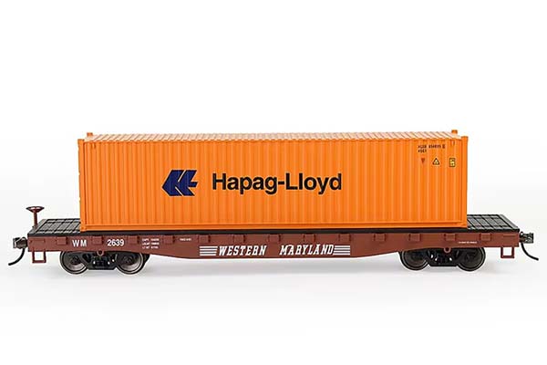 КОНТЕЙНЕРНАЯ ПЛАТФОРМА (США) WESTERN MARYLAND С КОНТЕЙНЕРОМ HAPAG-LLOYD (МАСШТАБ HO, ДЛИНА 18 СМ)