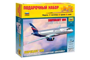 MODEL KIT REGIONAL PASSENGER AIRLINER SUPERJET 100 WITH ADHESIVE BRUSH AND PAINTS. | РЕГИОНАЛЬНЫЙ ПАССАЖИРСКИЙ АВИАЛАЙНЕР SUPERJET 100 С КЛЕЕМ КИСТОЧКОЙ И КРАСКАМИ. 